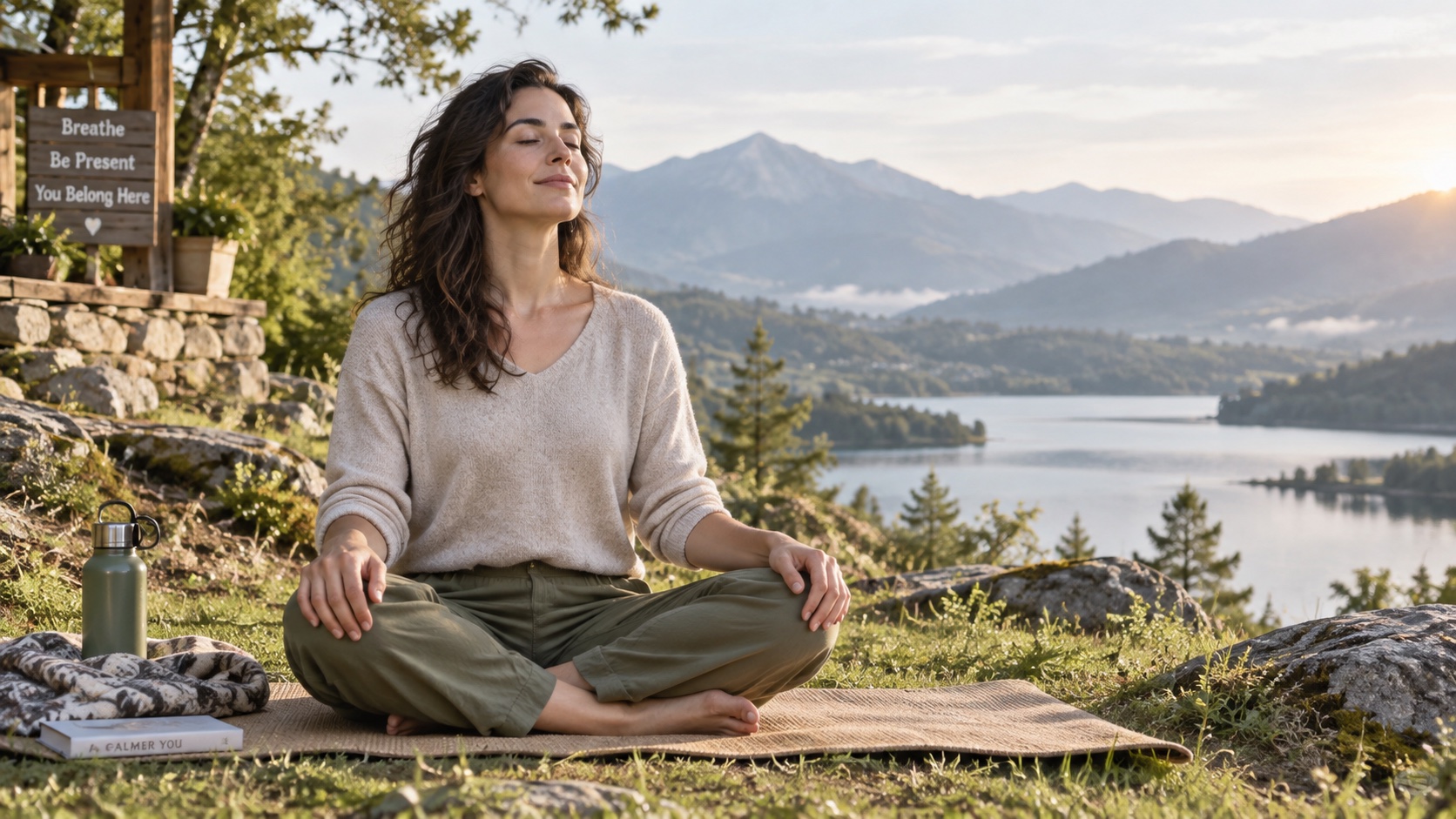 An adult sits on a cushion outdoors beside a lake.