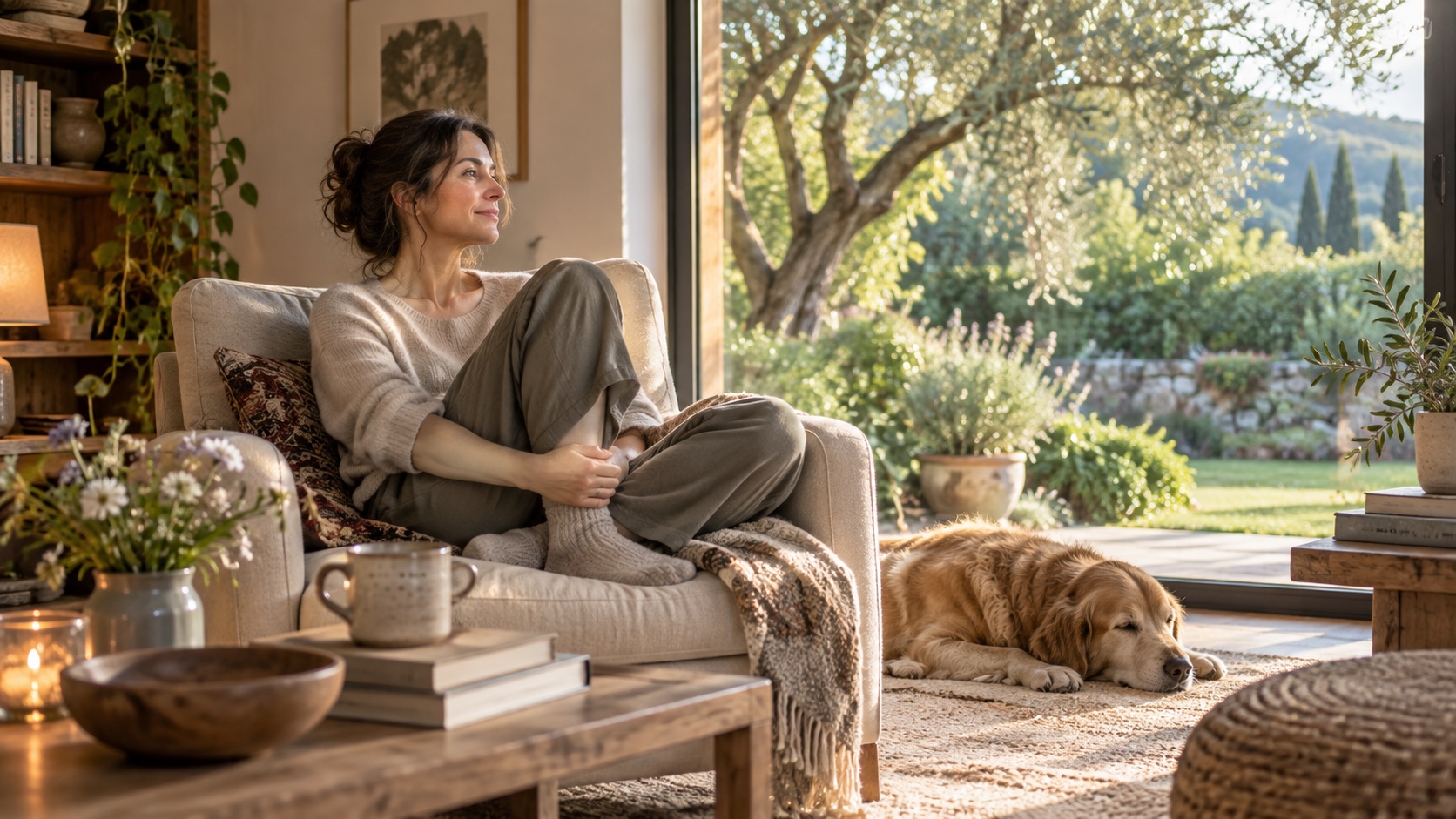 An adult sits quietly by a window at home.