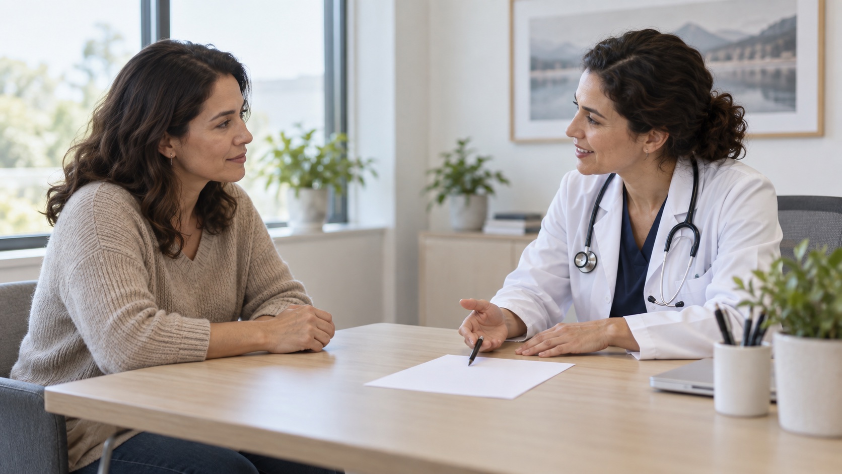 An adult and clinician review blank papers in an office.