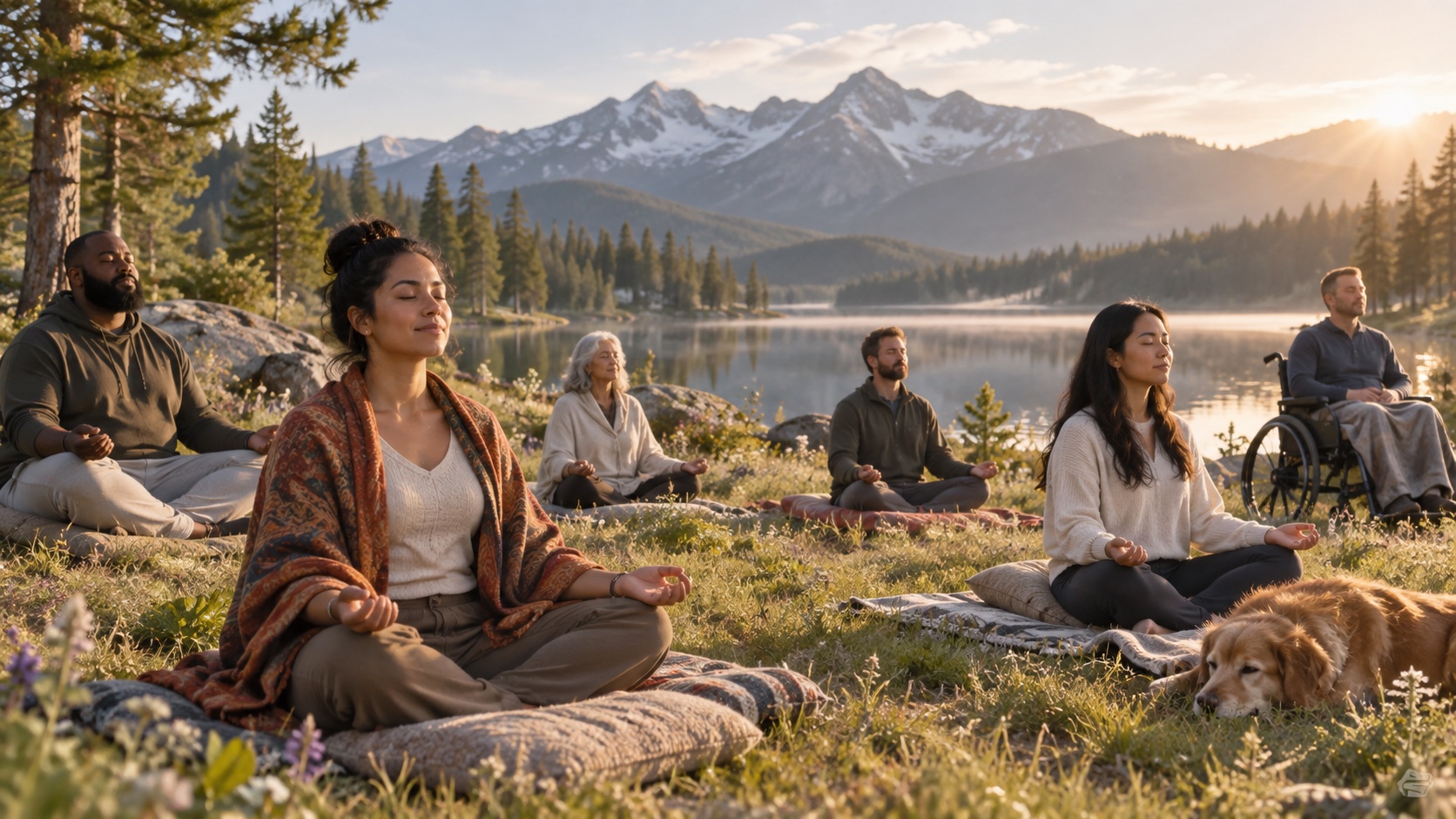 Two adults sit quietly in a calm group setting.