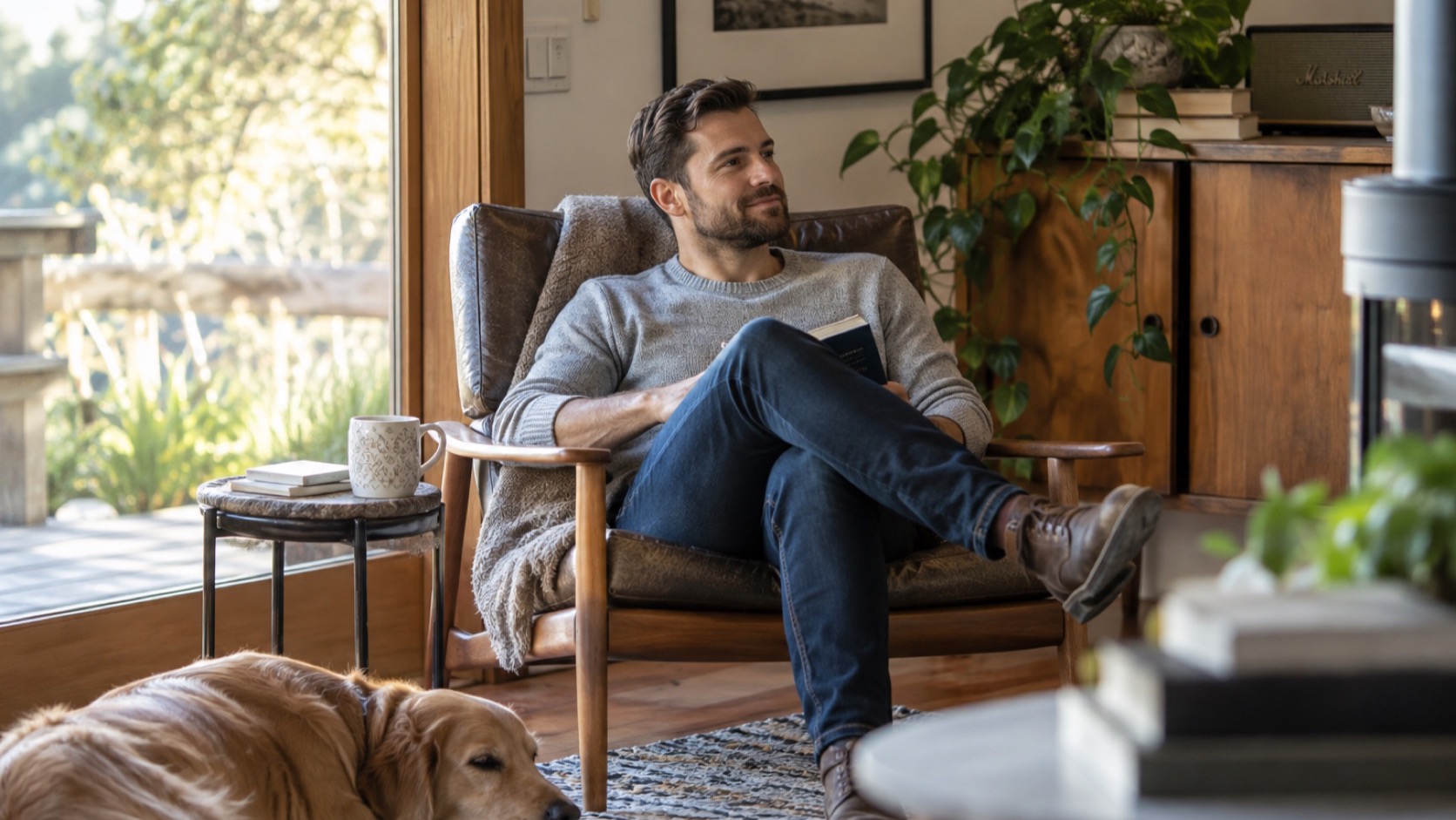 An adult sits comfortably in a chair in a quiet room.