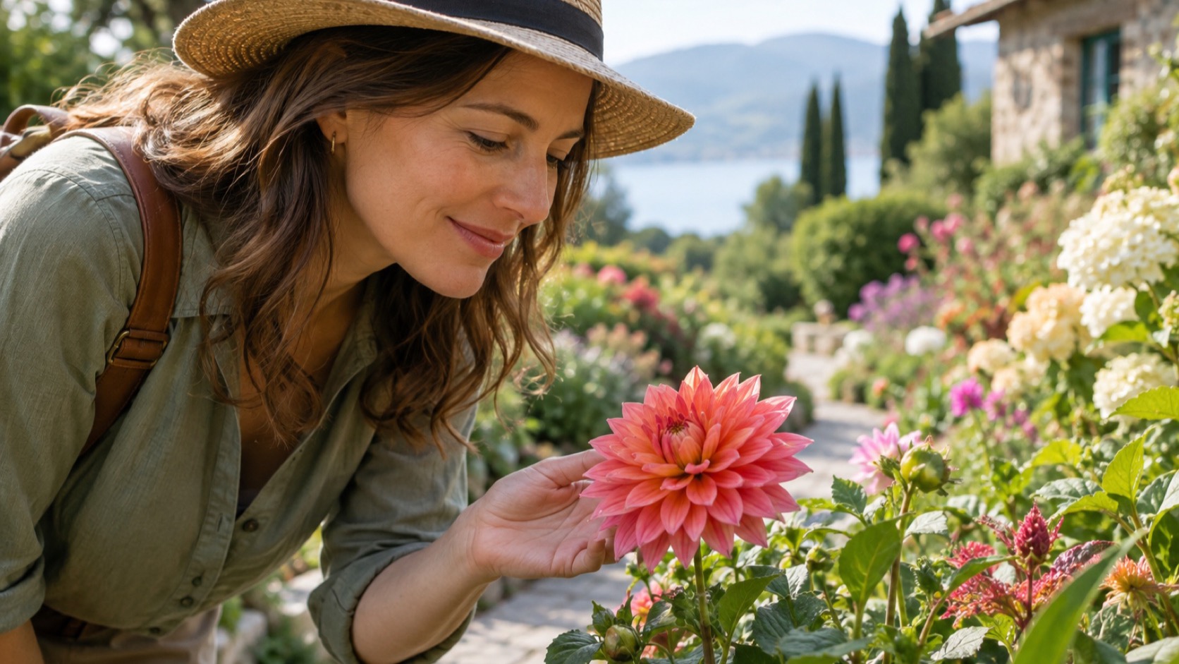 Adult notices sunlight on a garden plant.