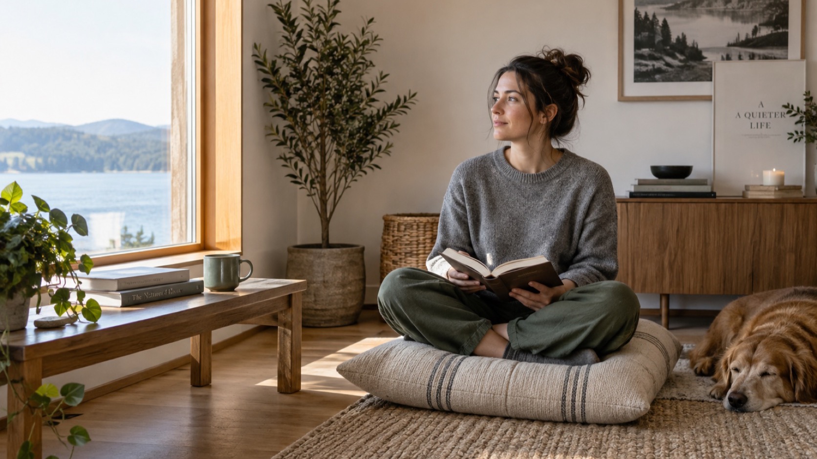 Adult sits on cushion in quiet, uncluttered room.