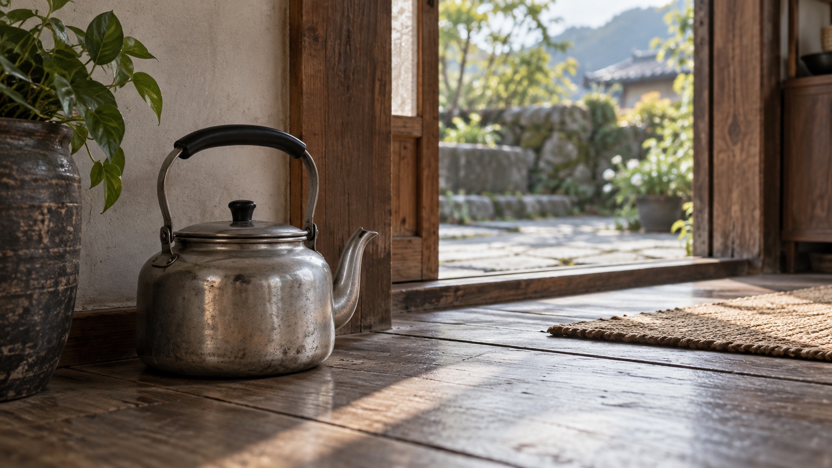 A kettle beside a doorway in a calm home.