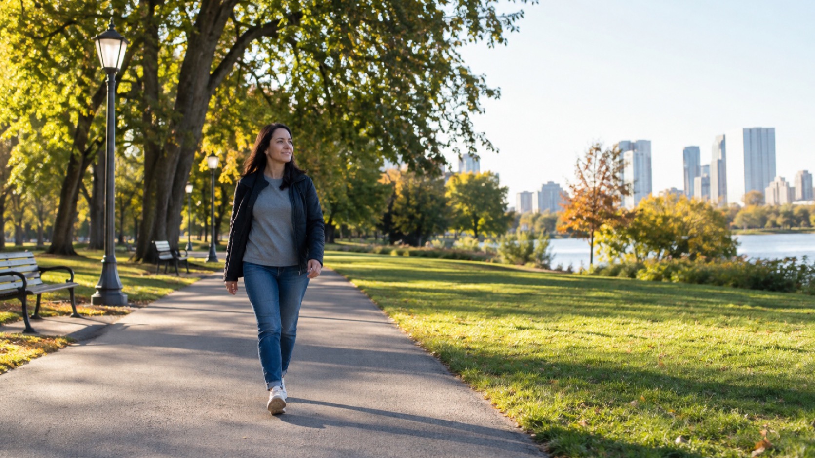 Adult walks on an even park path.