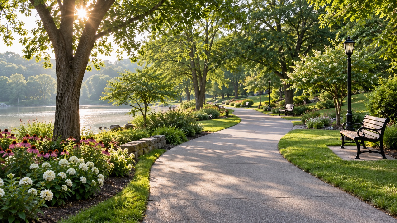 A quiet path curves through a garden.