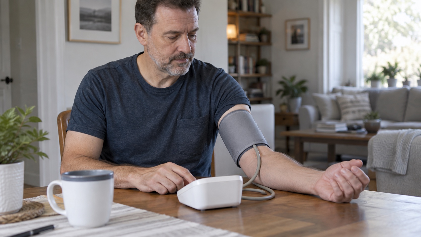 Adult uses an unmarked home blood pressure cuff at table.