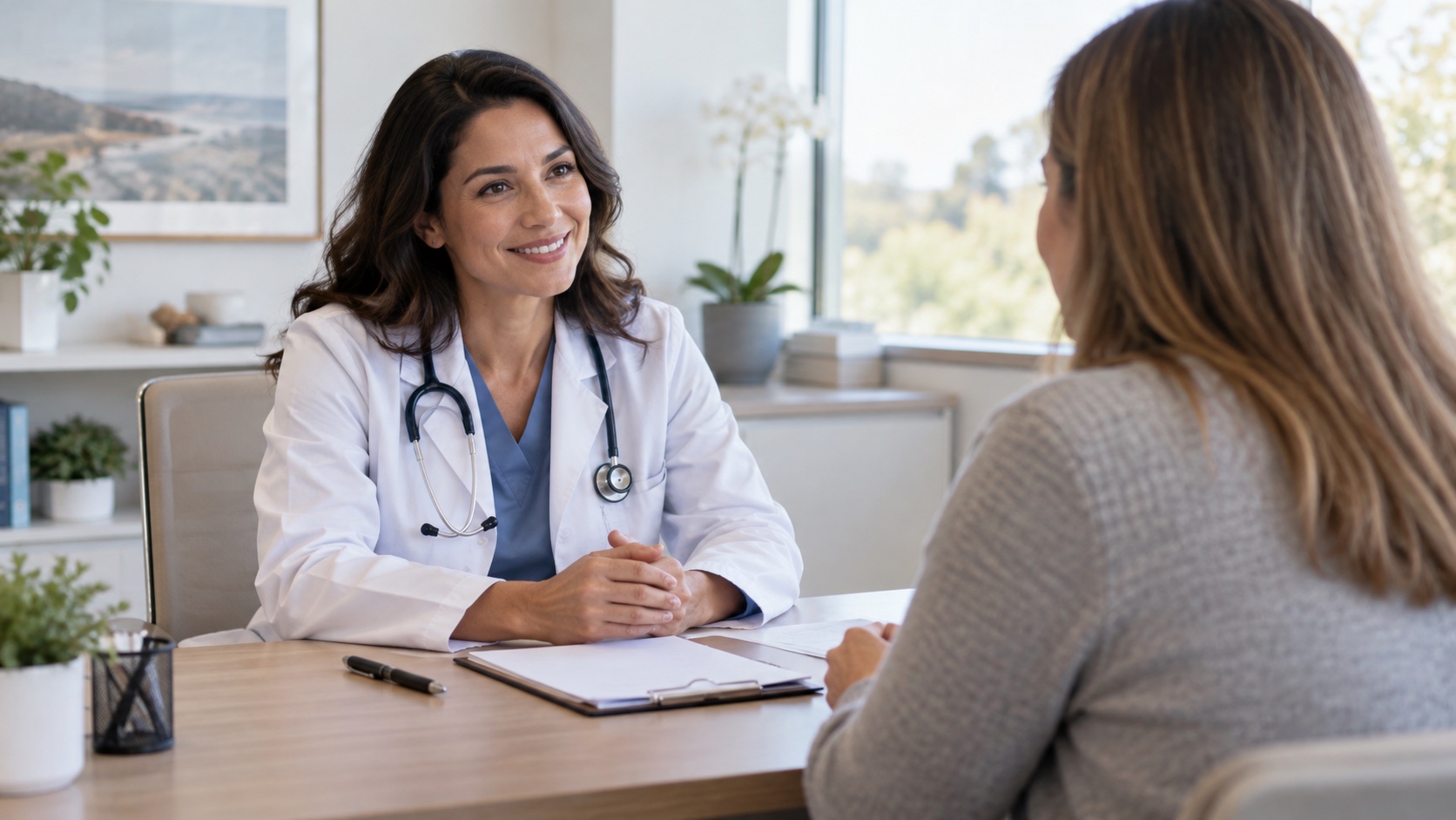 Clinician and adult discuss an unmarked lab form.