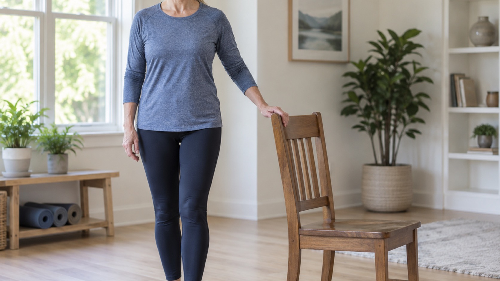Adult stands on one leg beside a sturdy chair.