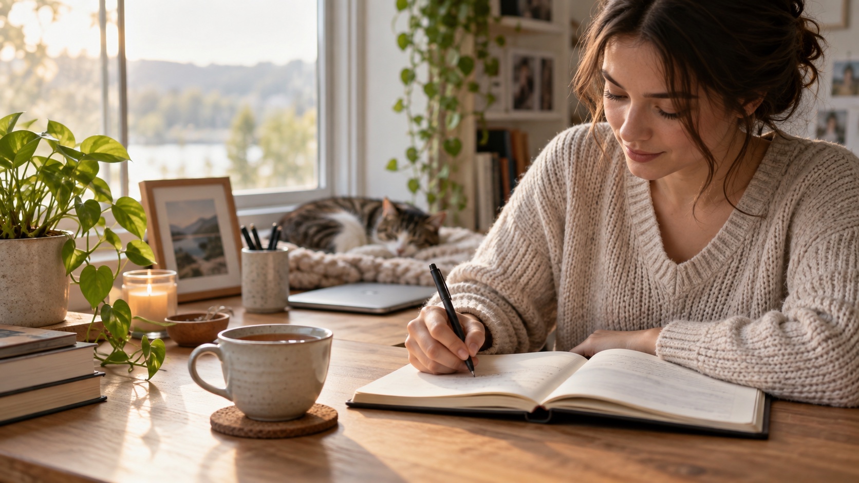 Adult writes a few notes in a blank journal.
