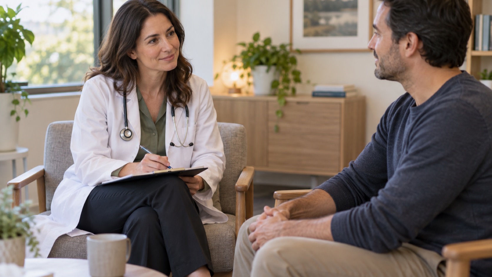 Adult and clinician talk in a bright office.