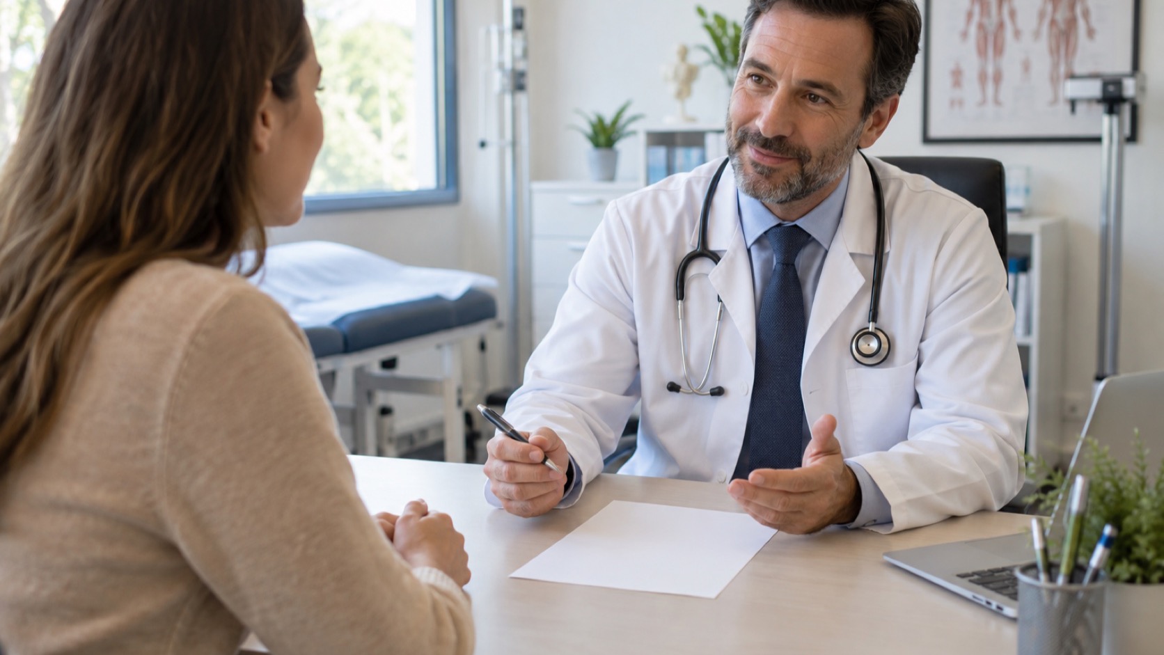 Adult and clinician discuss a blank medication list.