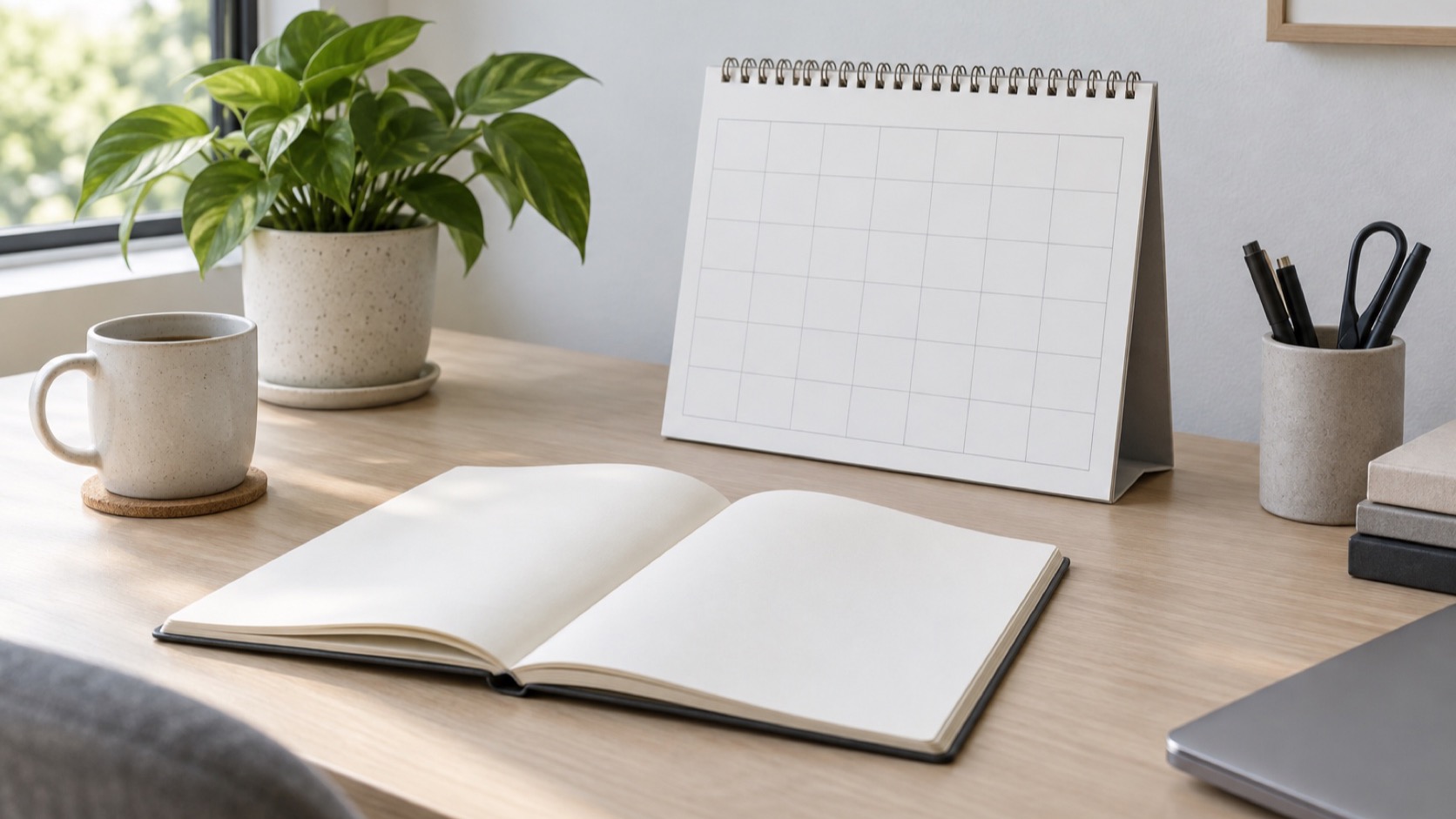 Blank calendar and notebook on a clean desk.