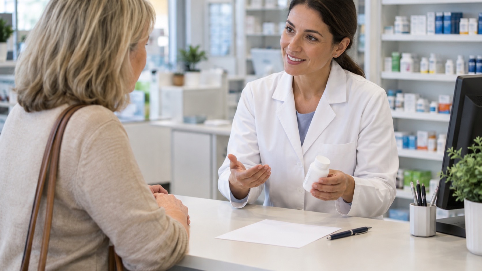 Pharmacist and adult discuss a blank record sheet.