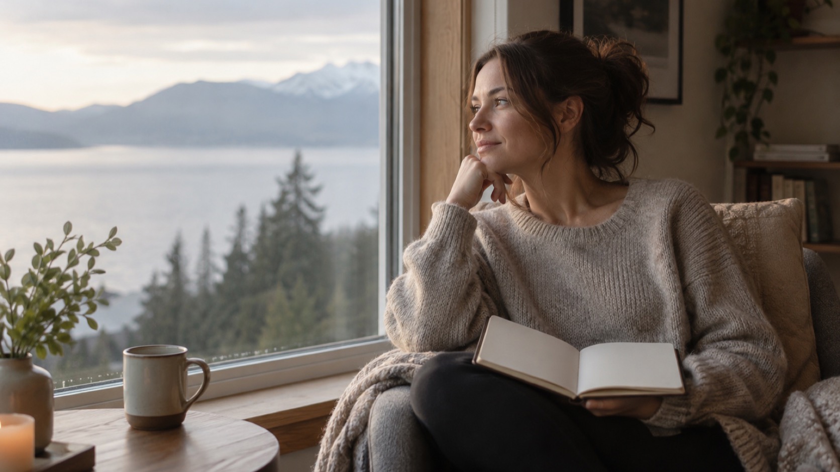 Adult looks at blank notebook by a window.