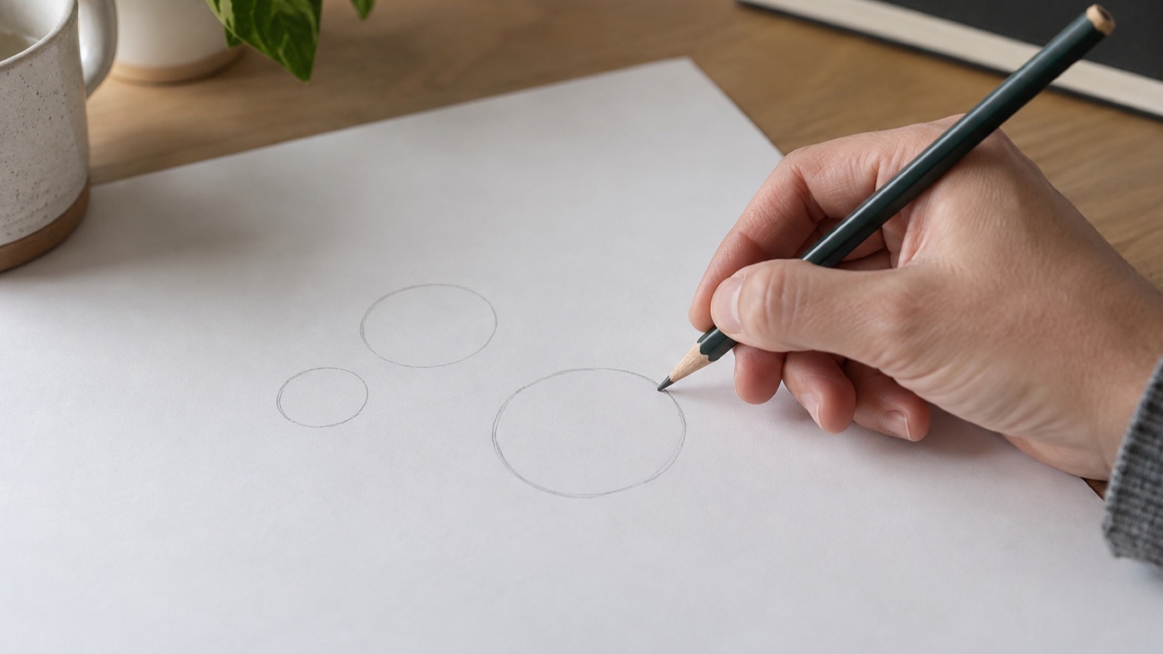 Adult draws circles on blank paper at a desk.