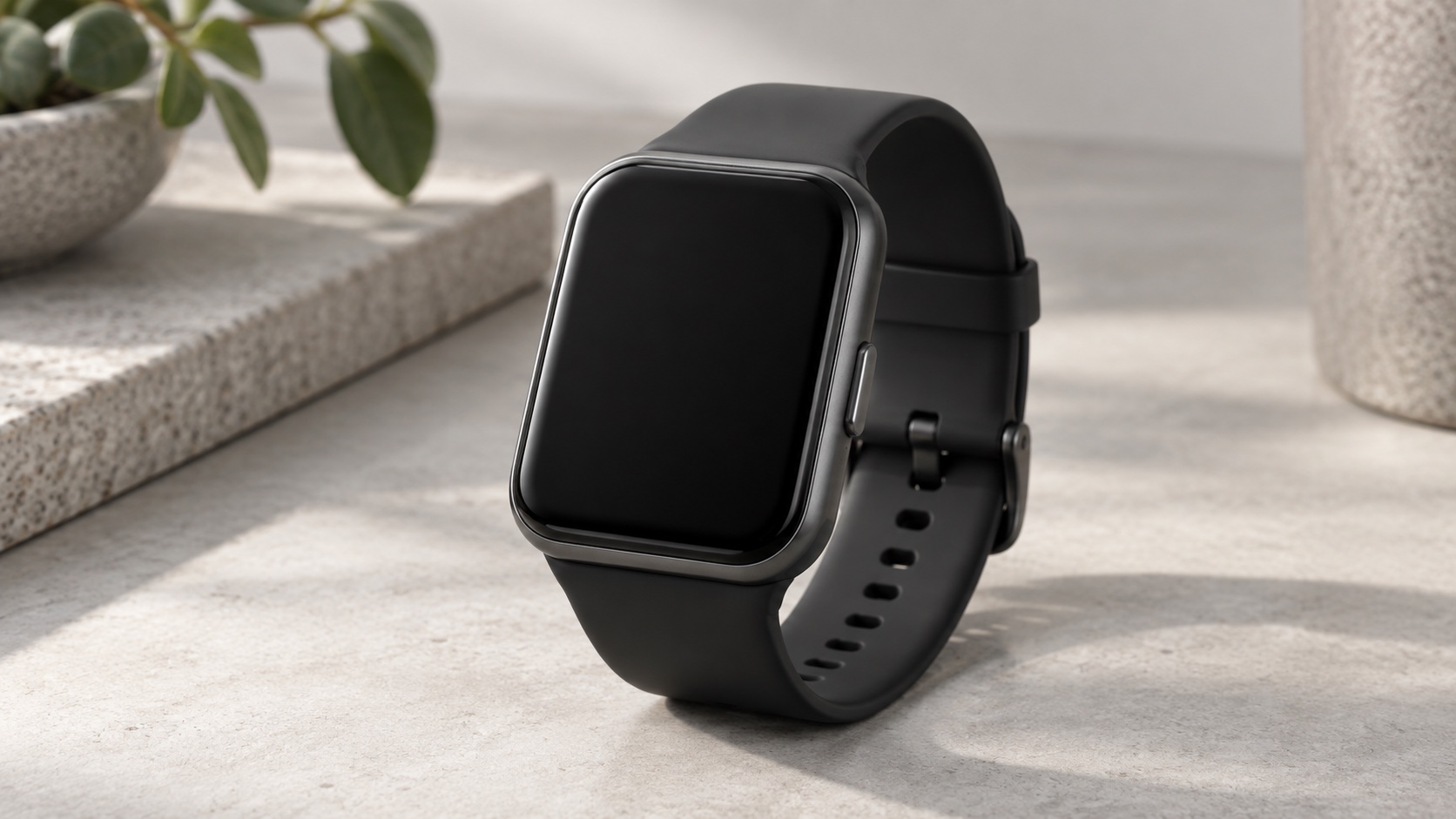 Unbranded wrist wearable beside blank notebook.