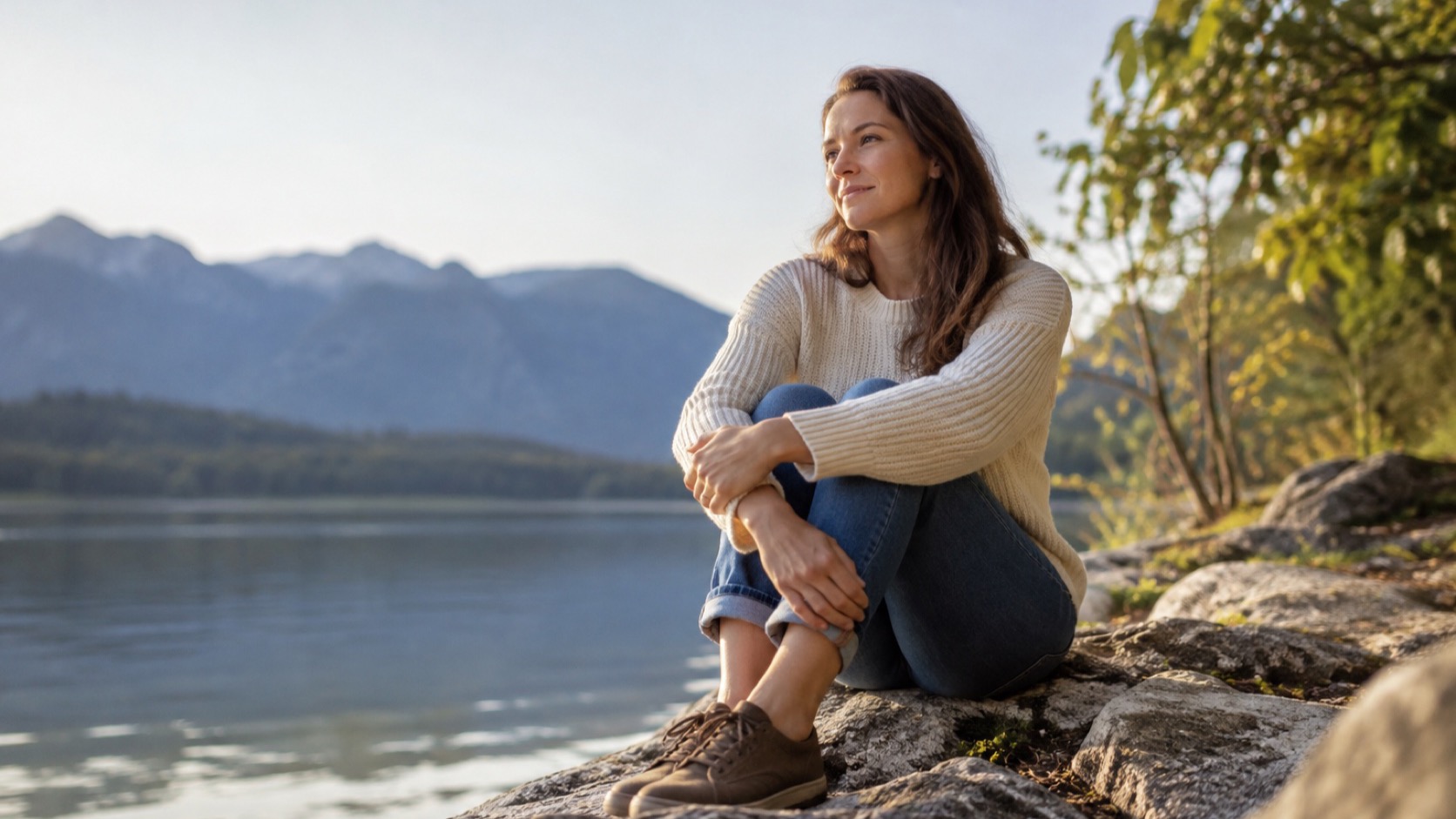 An adult sits resting beside a lake.