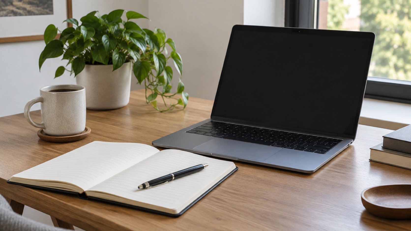 Blank notebook beside an unlit laptop on a desk.