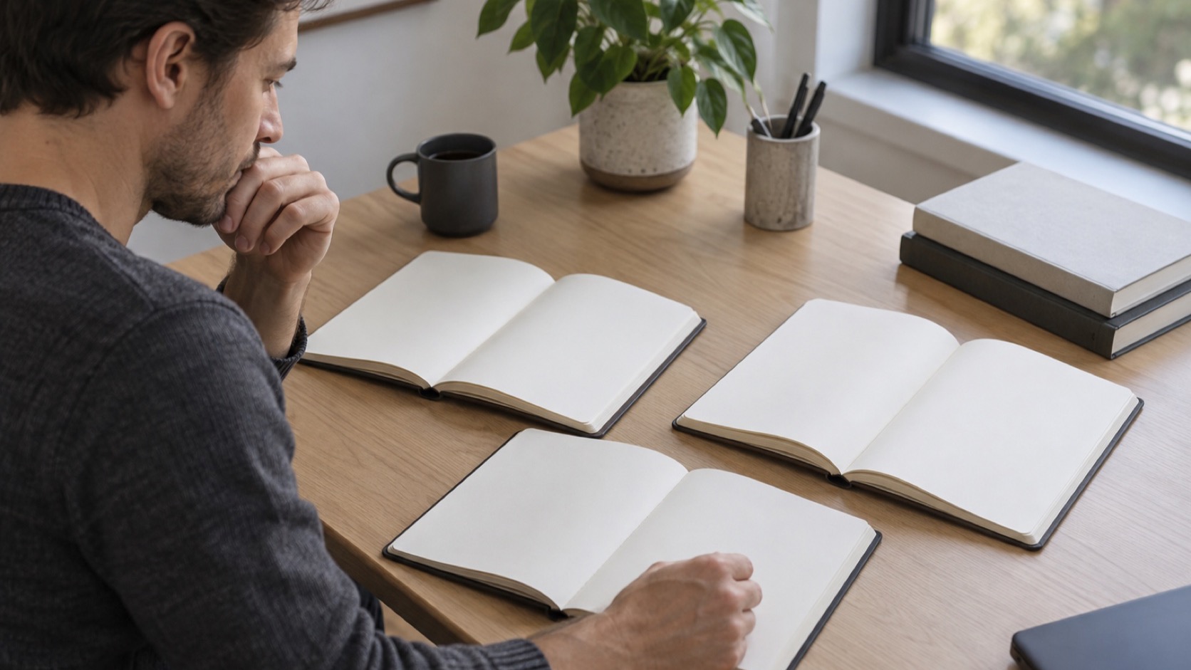 Adult compares blank notebooks at a table.
