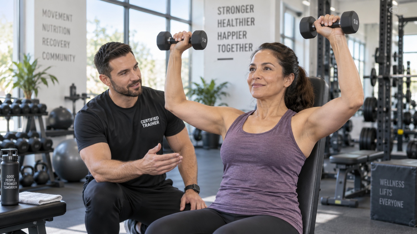 Instructor demonstrates a light squat to an adult.
