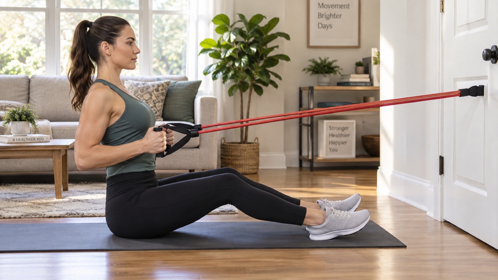 Adult uses resistance band at home in a controlled row.
