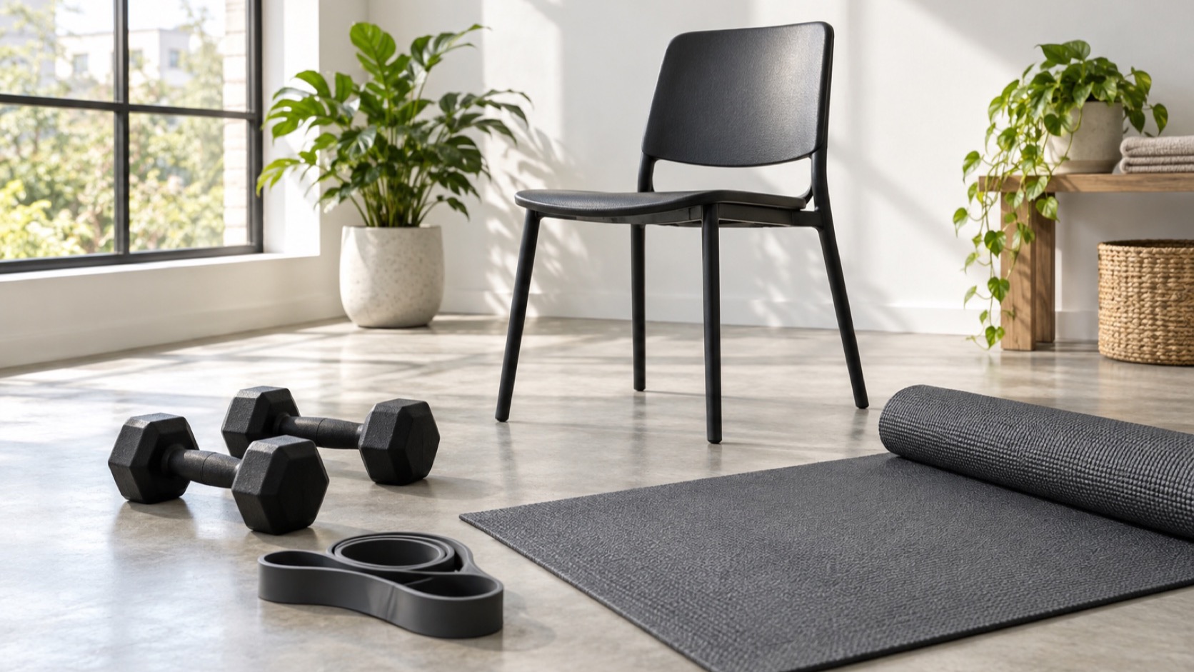 Dumbbell, resistance band, chair, and mat arranged neatly.
