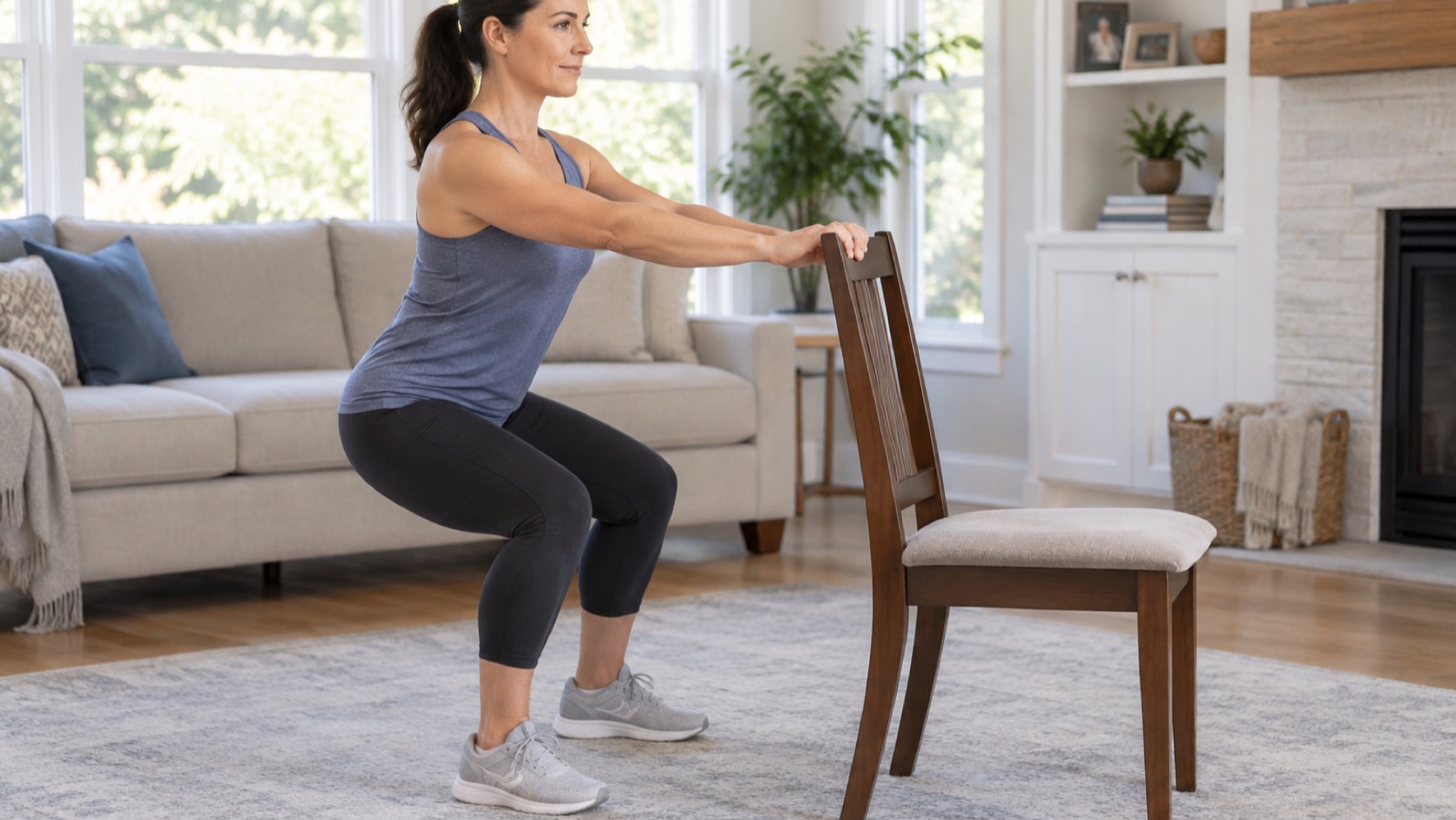 Adult performs a chair-supported strength movement at home.