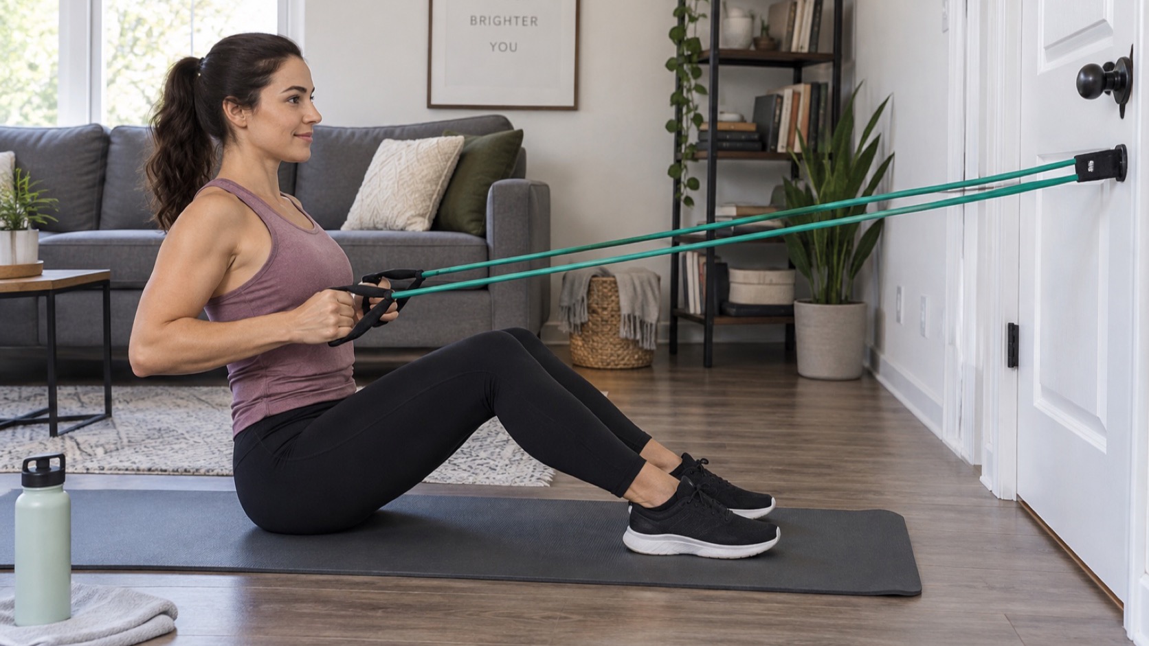 Adult performs a controlled resistance-band row at home.