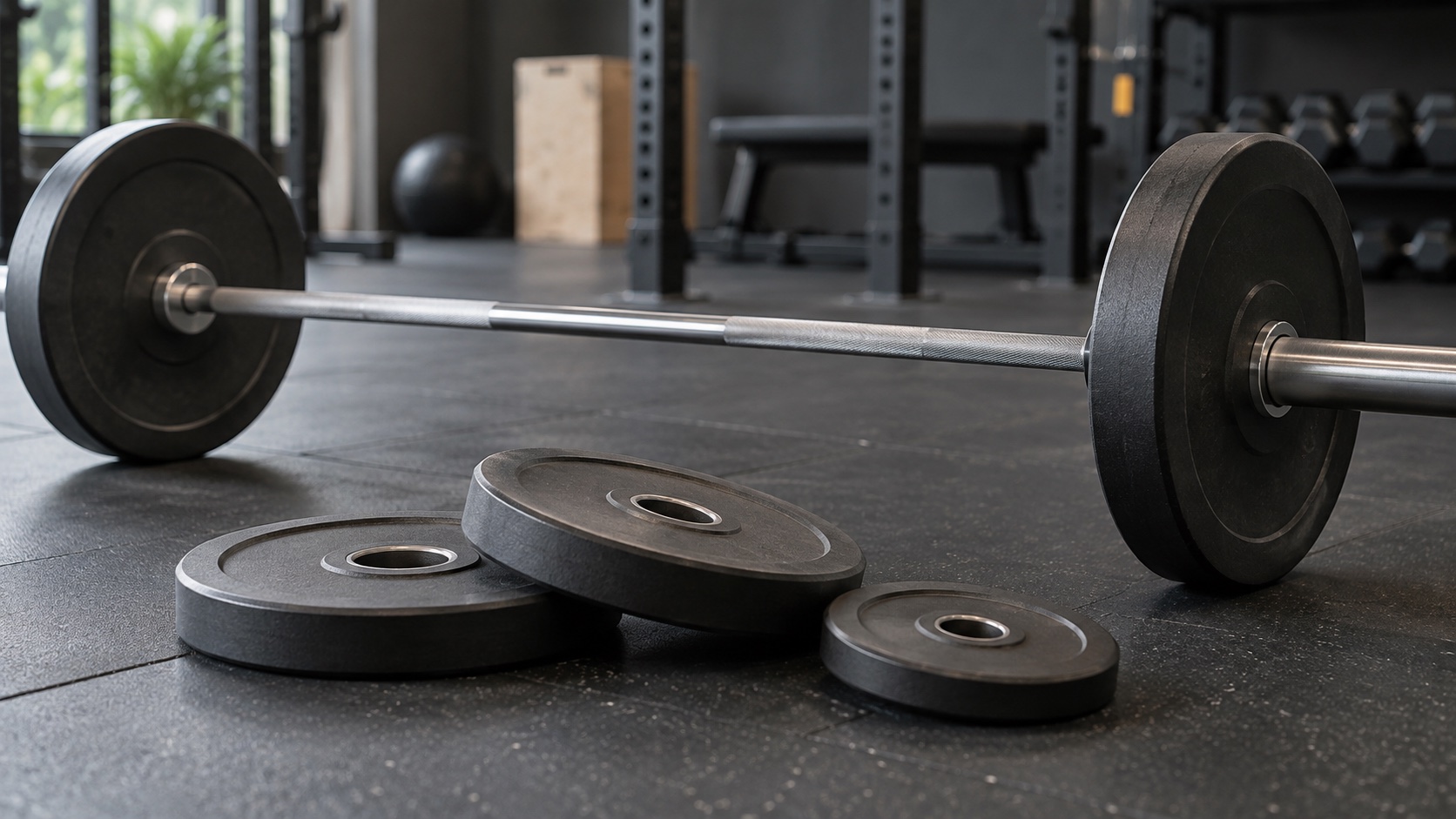 Small unbranded plates beside a barbell.