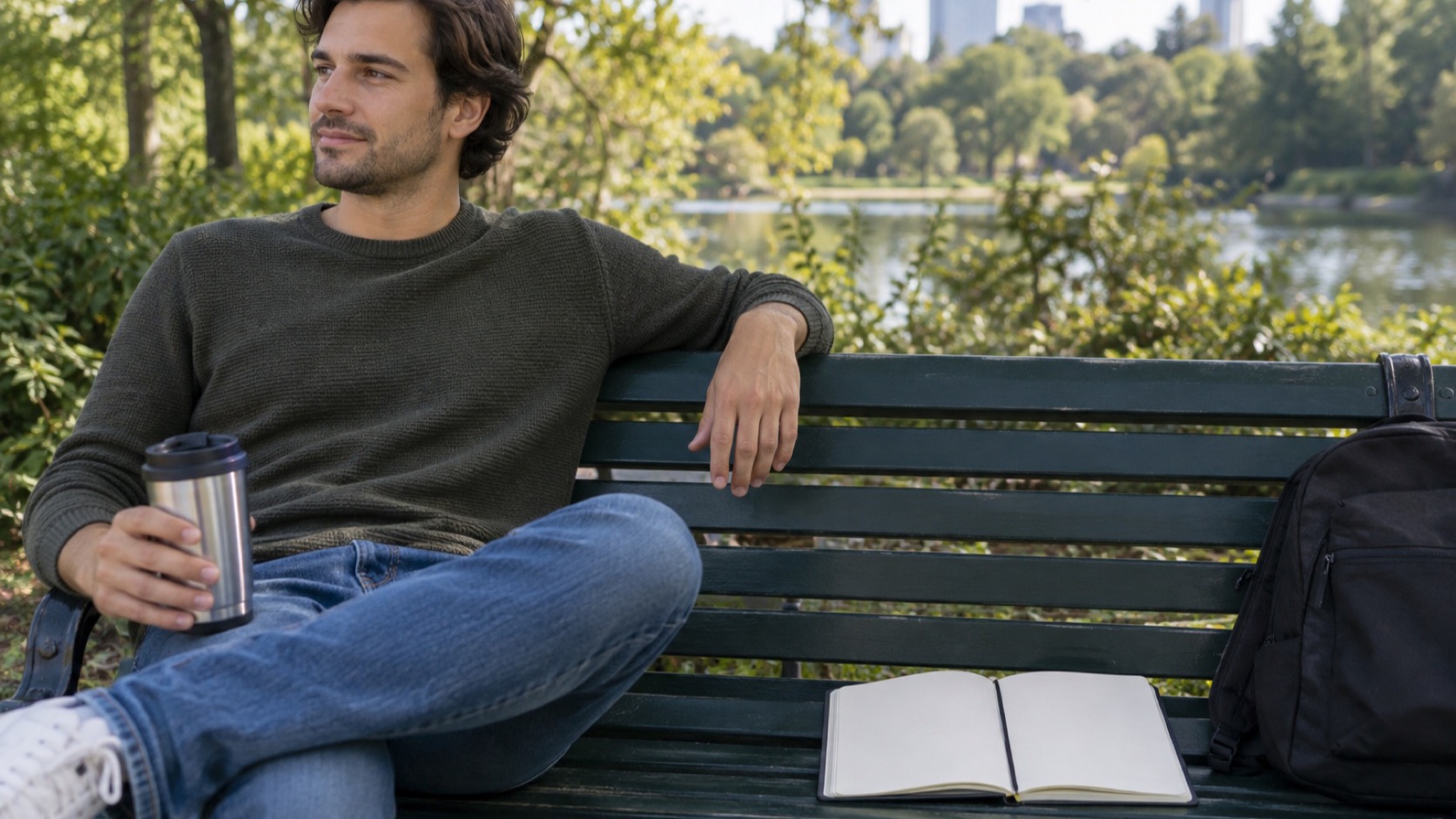 Adult rests on a bench beside a blank training log.