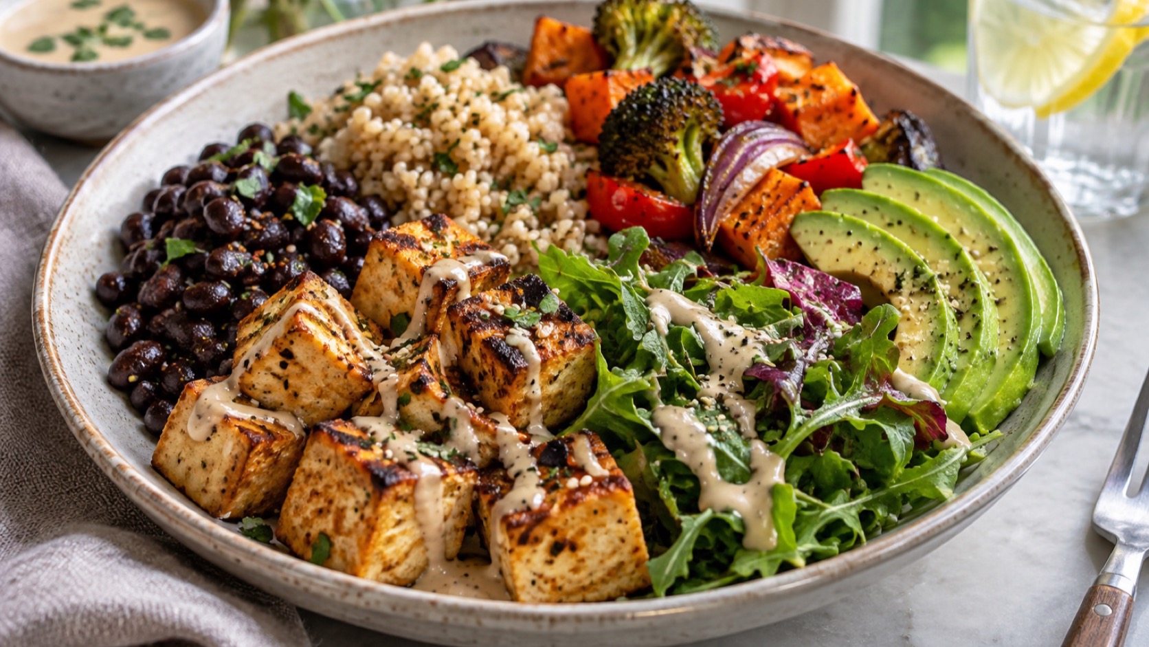 A meal of tofu, beans, vegetables, and grains.
