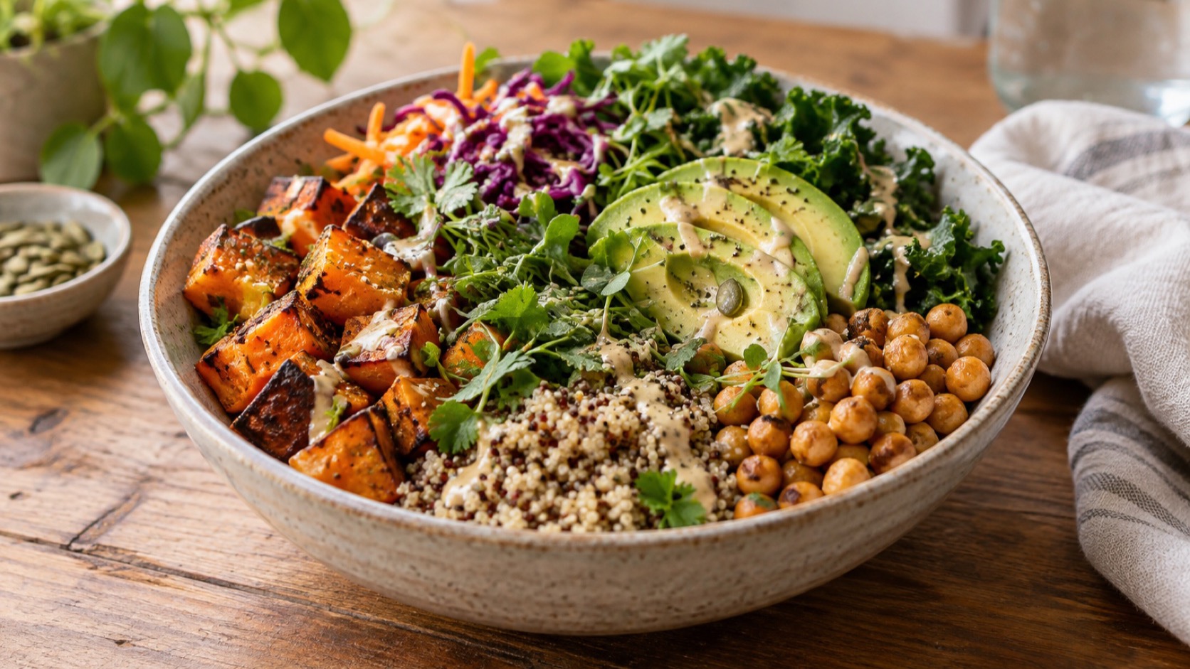 Bowl of lentils, grains, and vegetables.