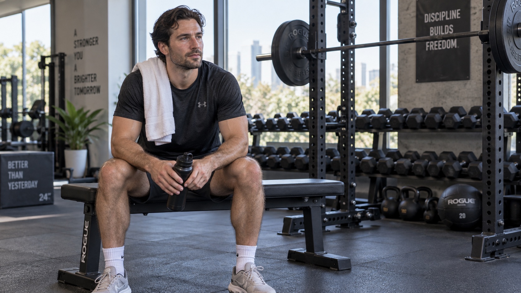Adult seated between sets in a gym.