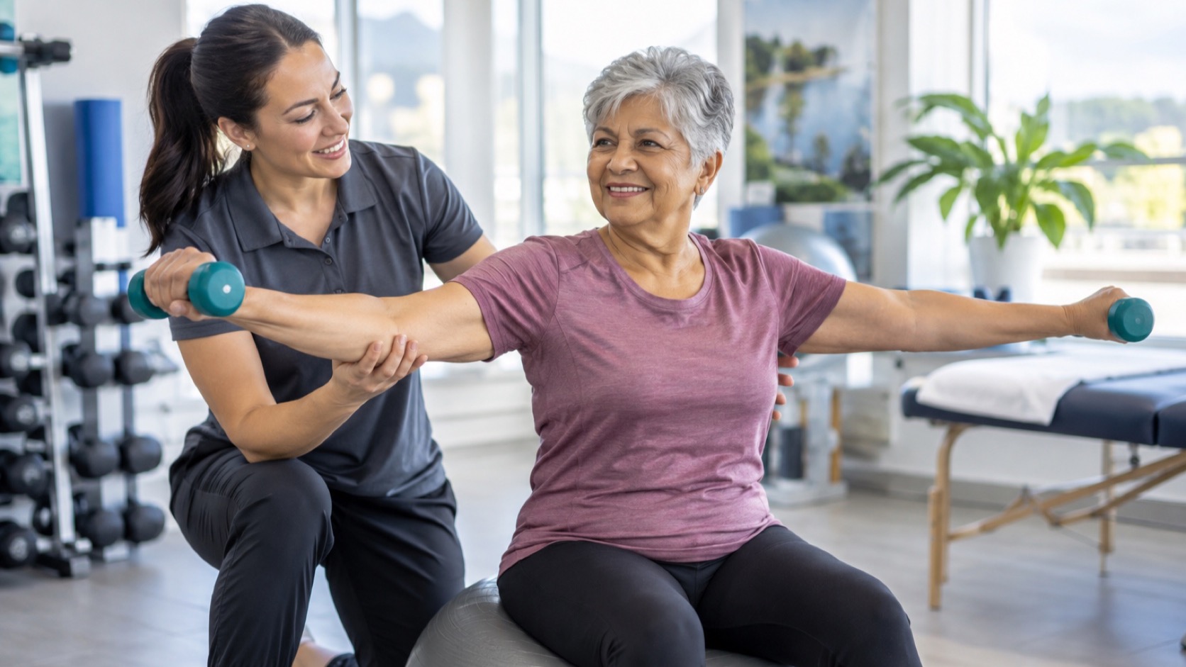 Older adult lifts a light dumbbell under supervision.