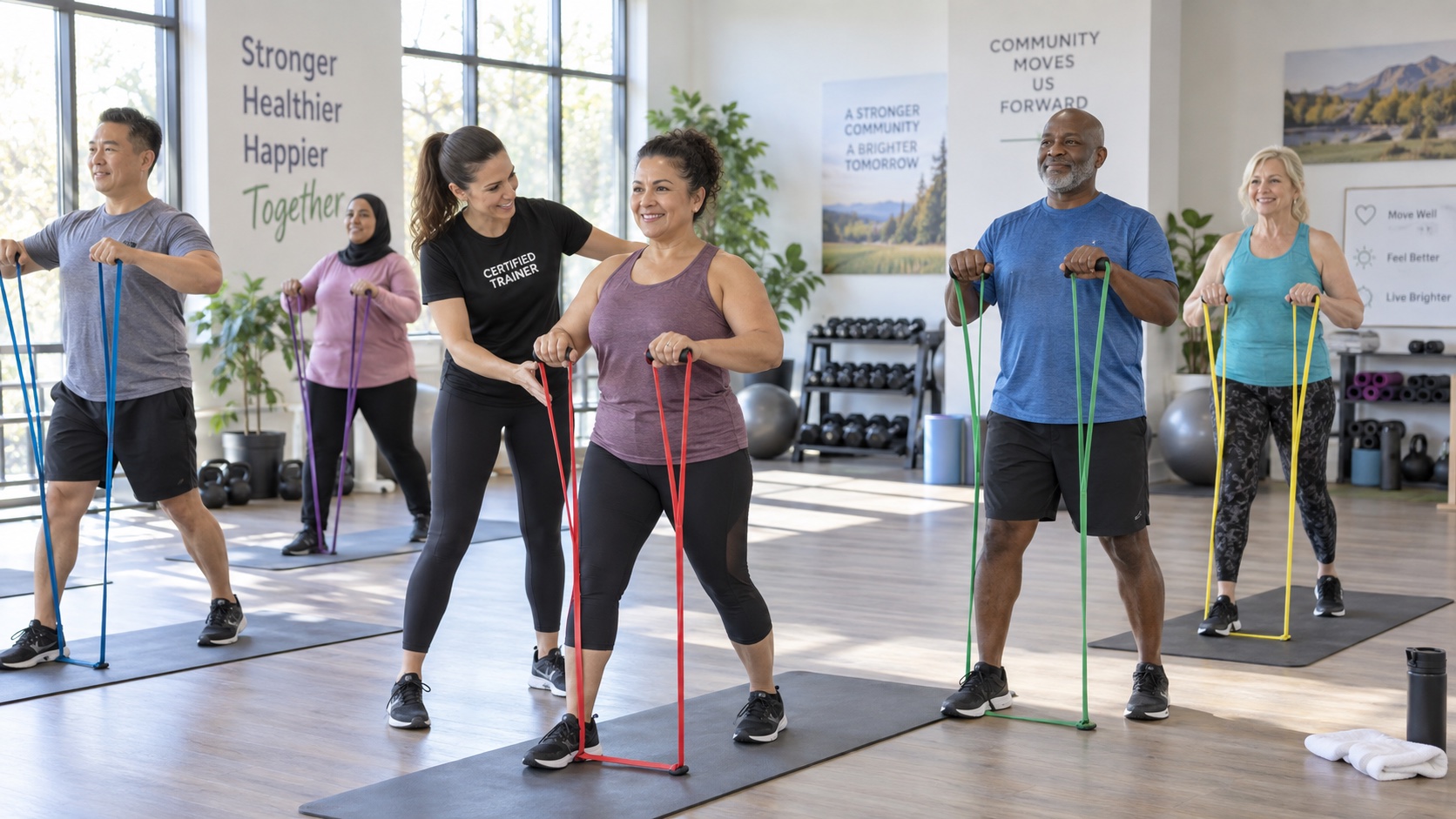 Middle-aged adults exercise with light resistance bands.