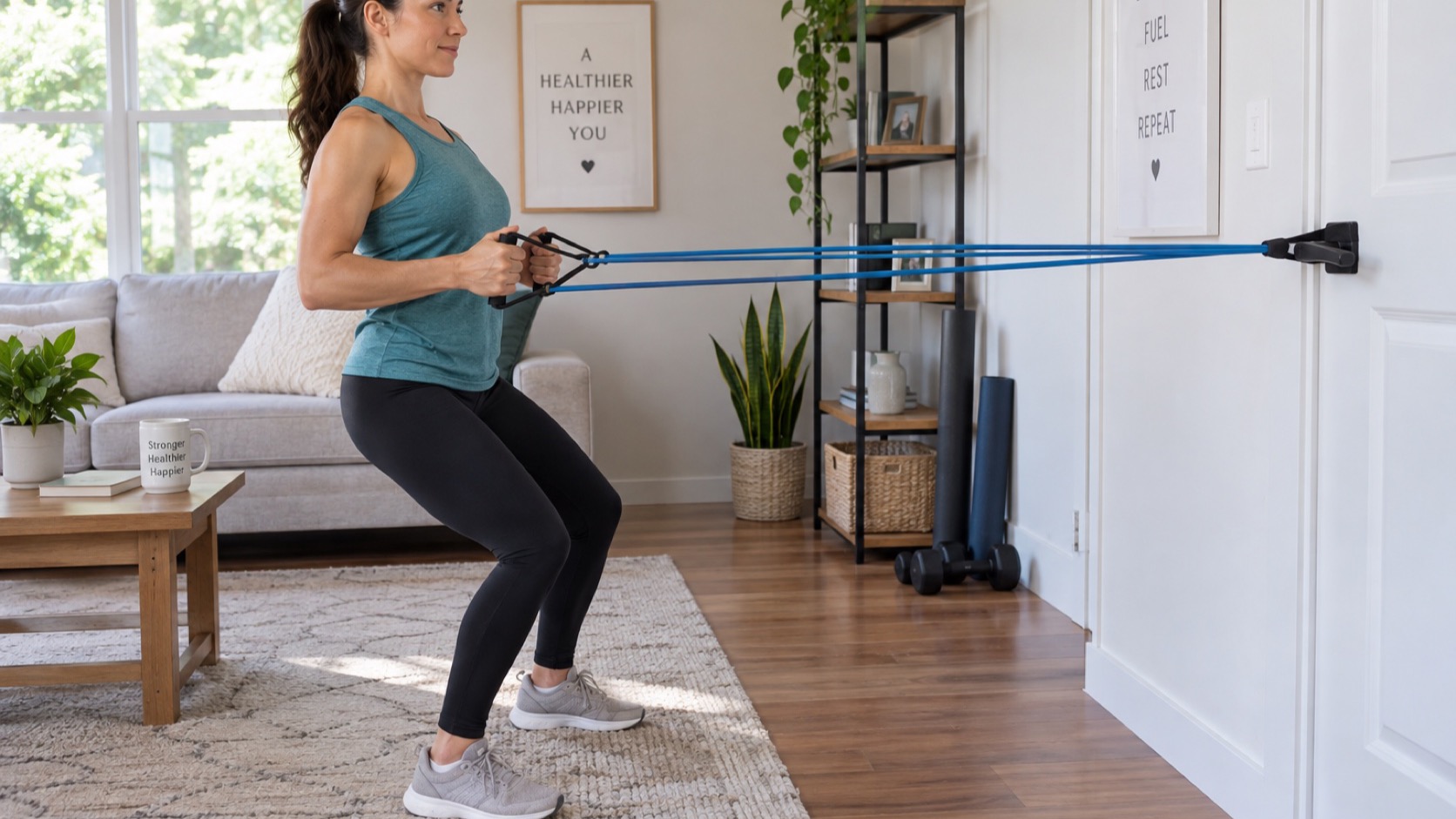 Adult performs a controlled resistance-band exercise at home.