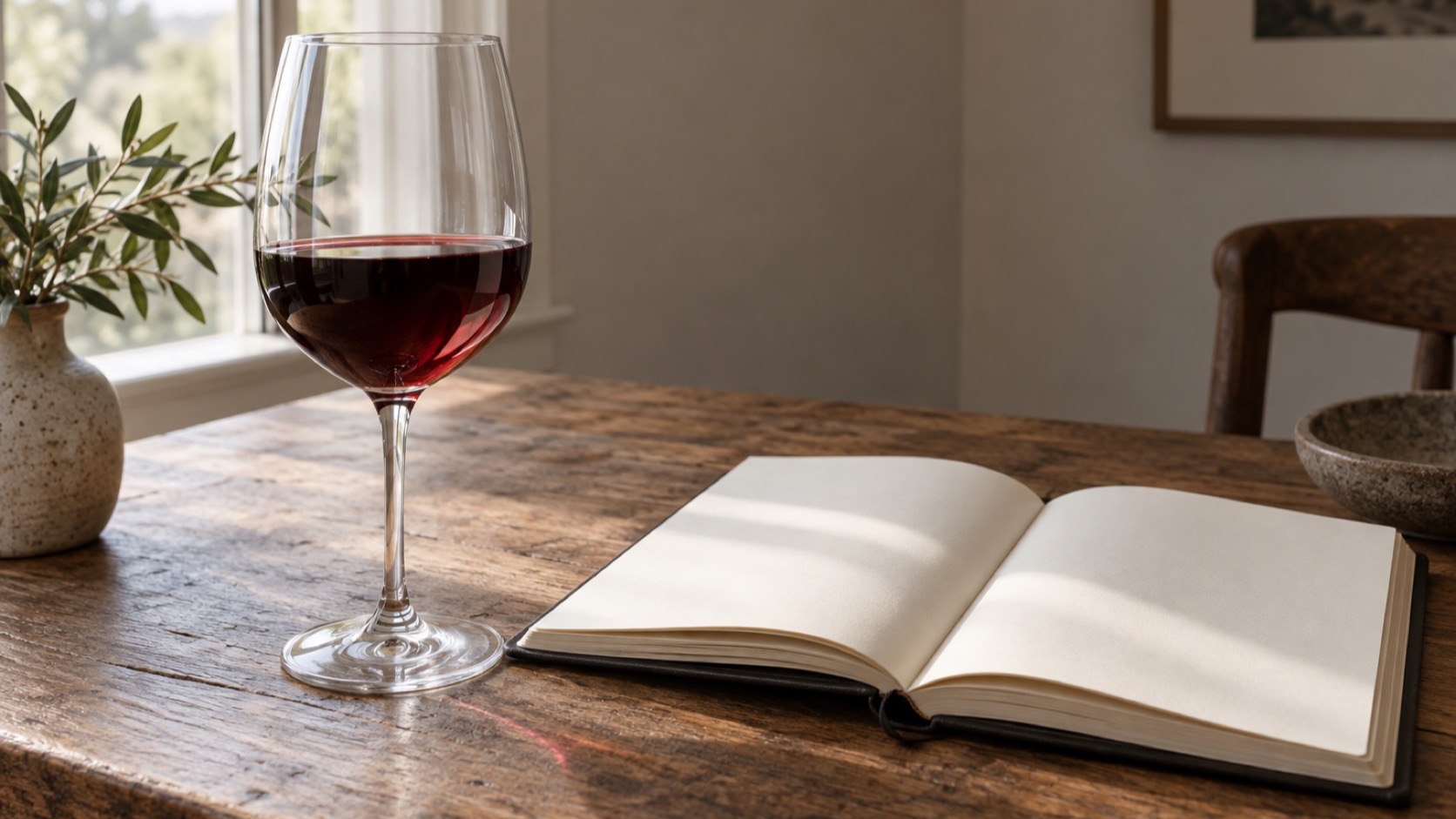 A wine glass beside a closed blank journal.