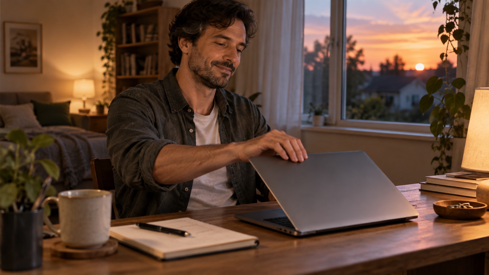 Adult closing a laptop at a home desk in the evening.