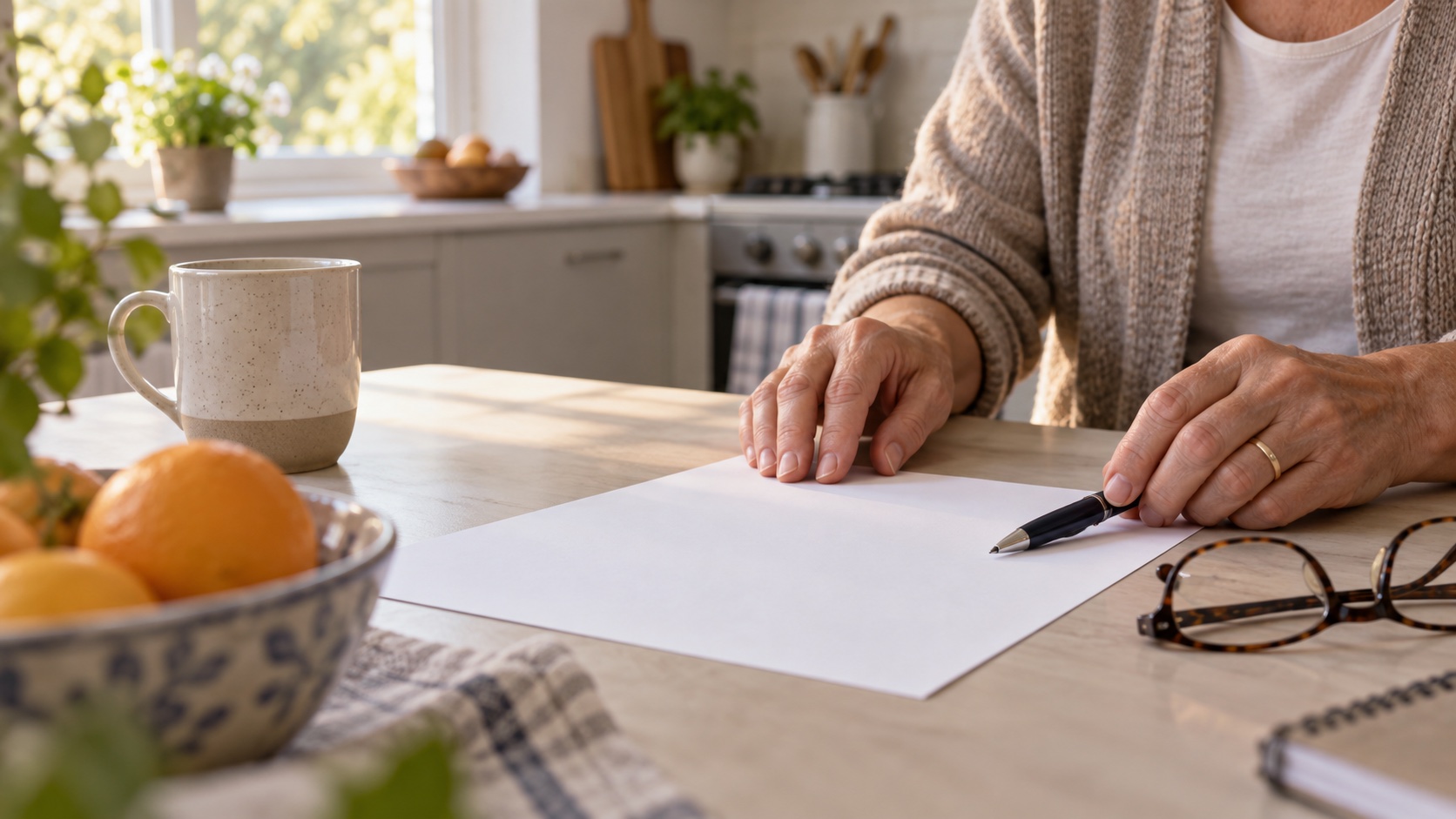 Hands beside a blank sheet of paper and pen on a table.