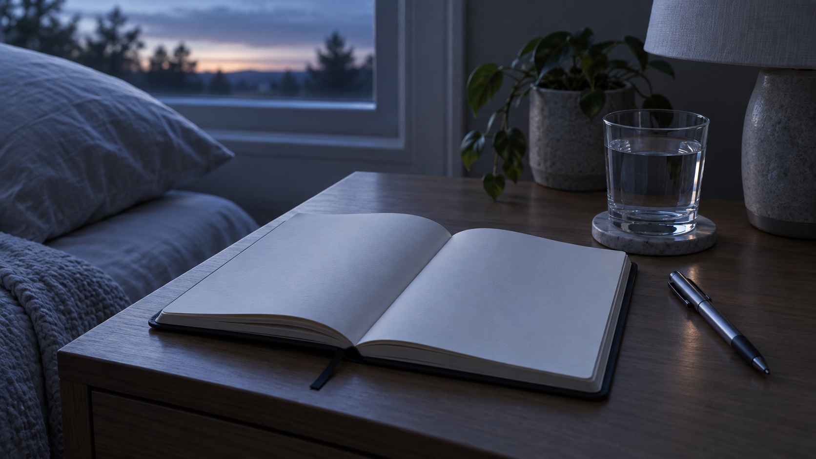 Open blank notebook and pen beside a glass of water.
