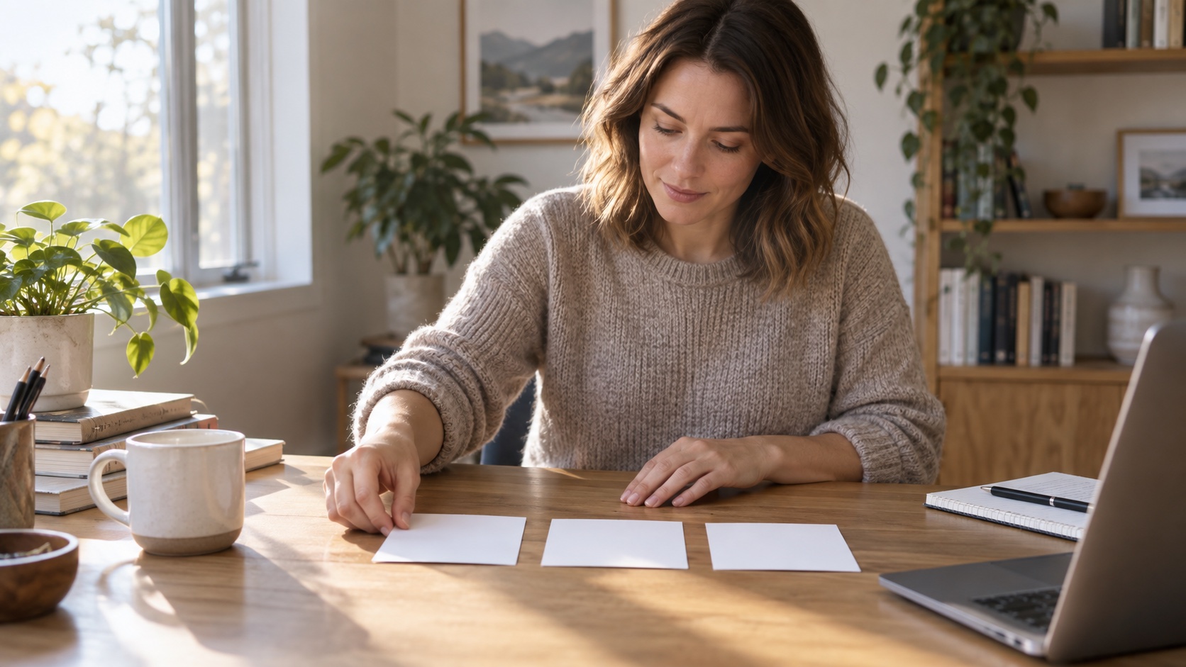 Adult arranging blank cards on a home desk.