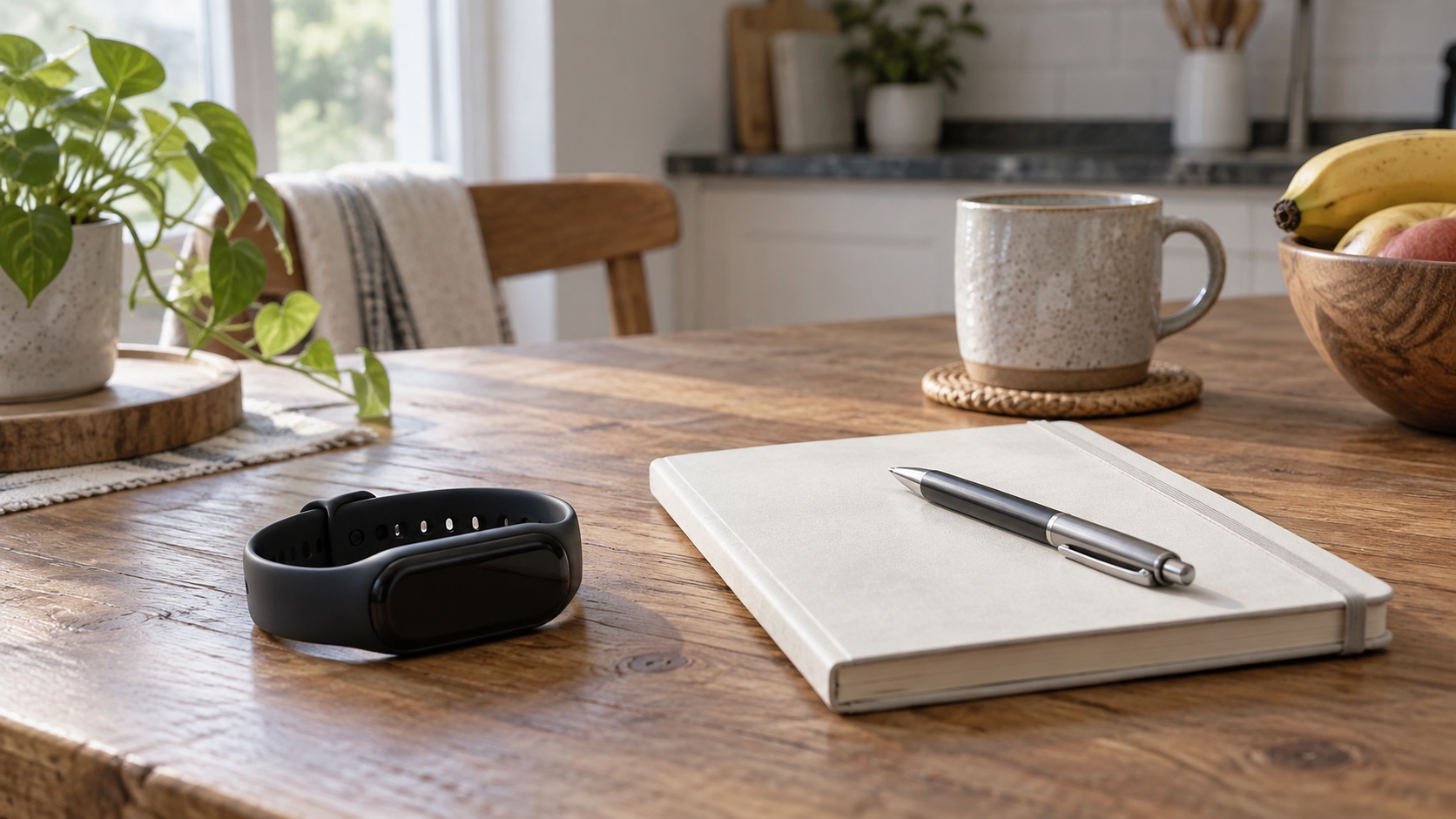 Unbranded wearable band beside a blank notebook and pen.