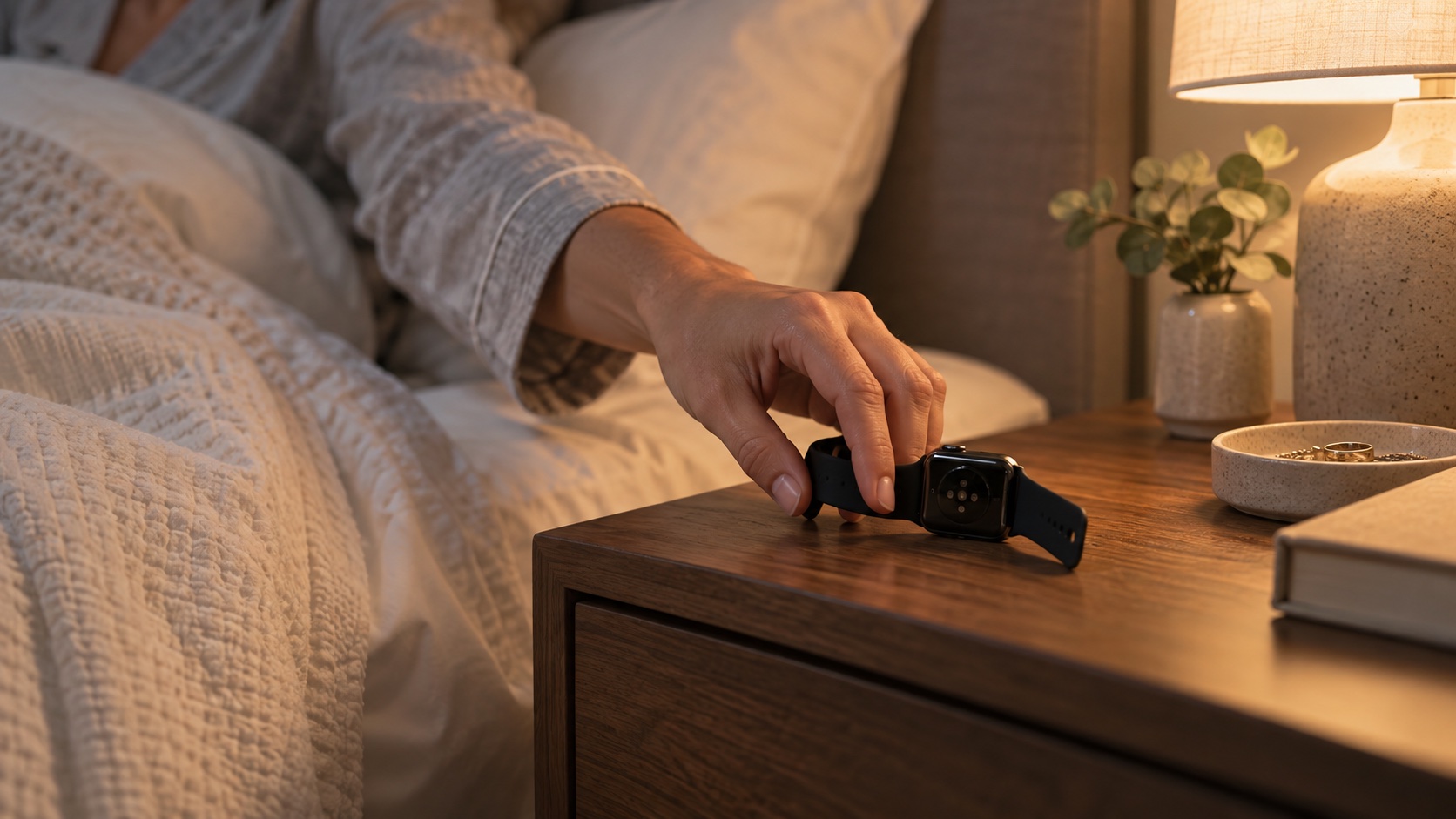 Adult turning a blank-screen wearable face down on a nightstand.