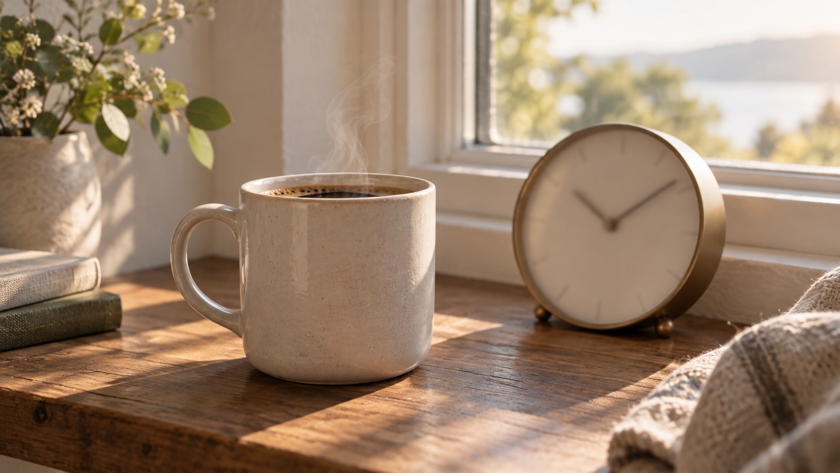 Plain ceramic mug and analog clock near a bright window.