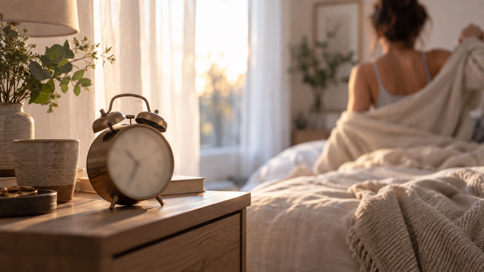 Analog clock beside curtains in dawn light.