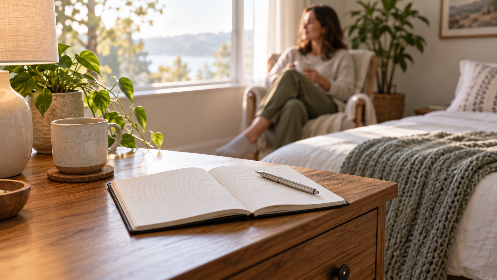 Blank notebook and pen on a bedside table with an adult seated nearby.
