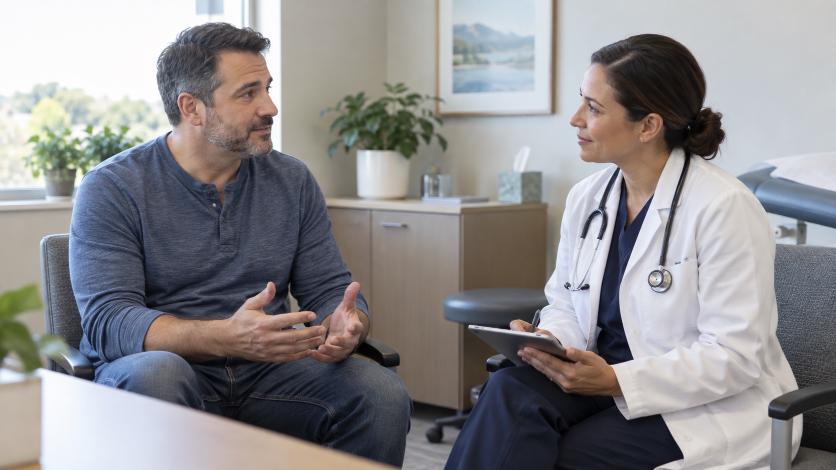 Adult and clinician seated together in conversation.