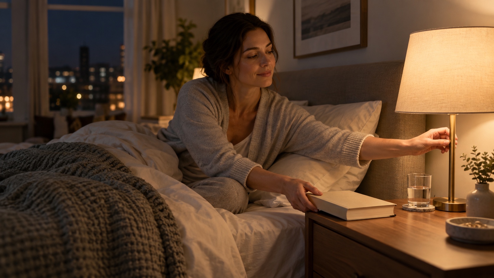 Adult sitting in a softly lit bedroom beside a bedside lamp.