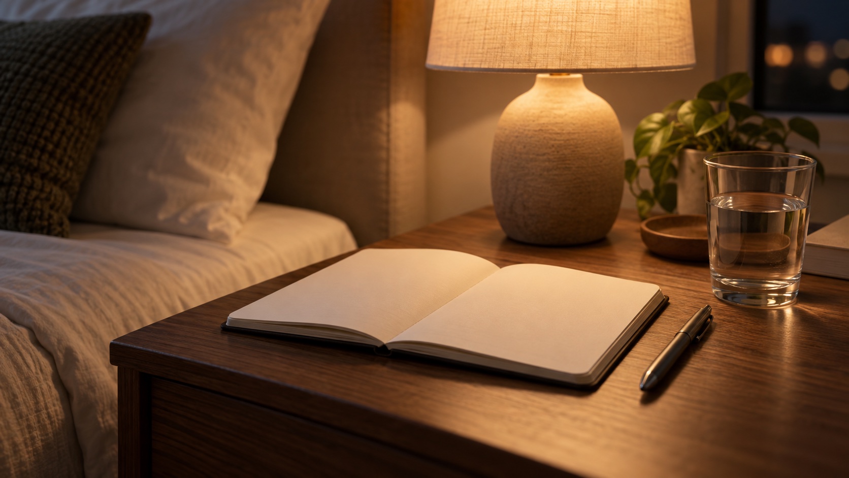 Blank notebook and pen on a bedside table.